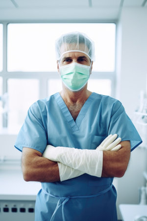 shot of a mature male doctor wearing his mask and gloves in the hospital, created with generative aiの素材