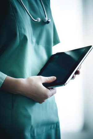 closeup shot of an unrecognizable doctor holding a digital tablet, created with generative aiの素材