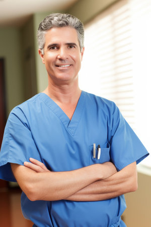portrait of a happy male doctor wearing surgical scrubs, created with generative aiの素材