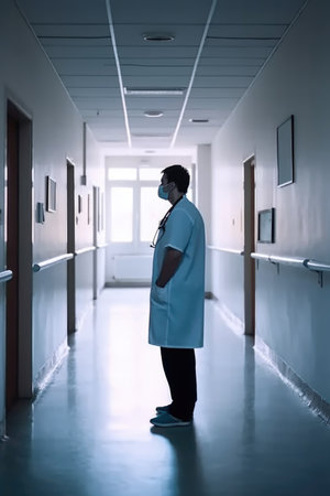 shot of an unidentifiable doctor standing in a hospital, created with generative aiの素材