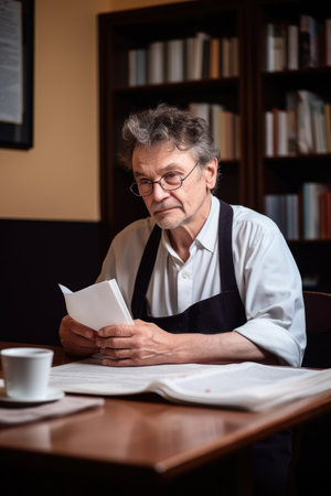 university, cafe and professor with documents for research or teaching in office, created with generative aiの素材