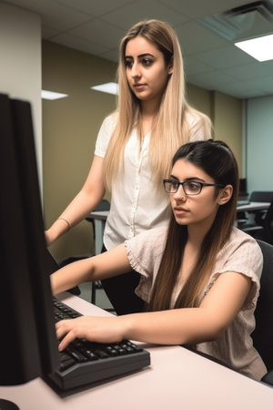 computer, student and woman typing in classroom learning, researching or reading a blog, created with generative aiの素材