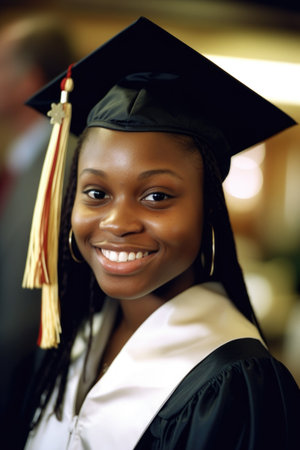 portrait of a young woman smiling after receiving an award at graduation ceremony, created with generative aiの素材