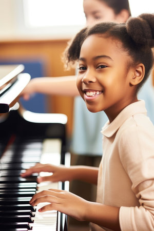 shot of a young female student learning the piano in class, created with generative aiの素材