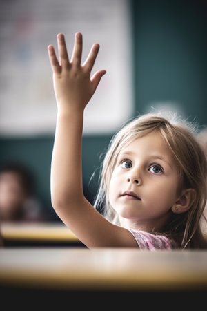 shot of an unidentifiable young girl raising her hand in class, created with generative aiの素材