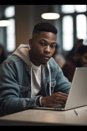 shot of a young man using his laptop in class, created with generative aiの素材
