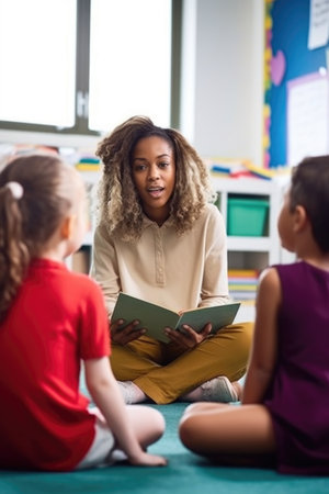 shot of a young teacher reading to her students at school, created with generative aiの素材