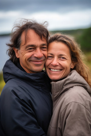 couple, nature and love hug with a smile while on vacation in sweden to celebrate engagement, created with generative aiの素材