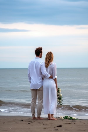 love, proposal and happy couple standing together by the sea or ocean for future wedding, created with generative aiの素材