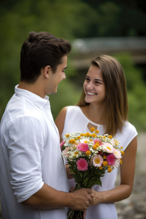 couple, love and happiness with a woman in nature on engagement date while holding flowers, created with generative aiの素材
