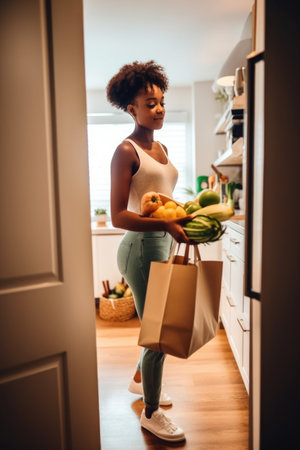 shot of a young woman arriving at home after doing some grocery shopping, created with generative aiの素材