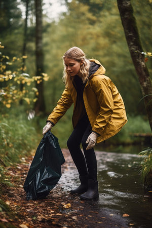 shot of a woman picking up litter while out in nature, created with generative aiの素材