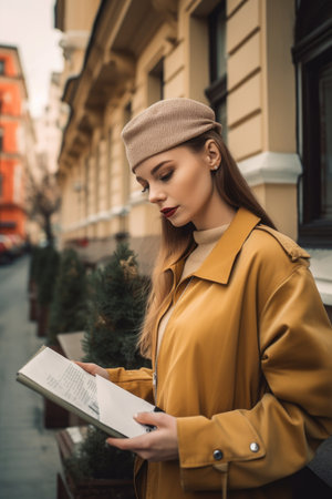 portrait of a young woman checking the address on her parcel while out shopping in the city, created with generative aiの素材