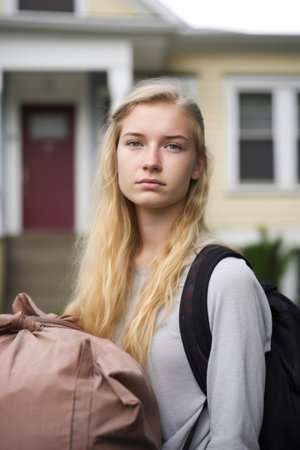 portrait of a young woman carrying her bags while moving home, created with generative aiの素材
