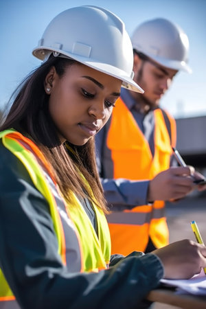 shot of a young woman writing down notes while on an inspection with her coworker outside, created with generative aiの素材