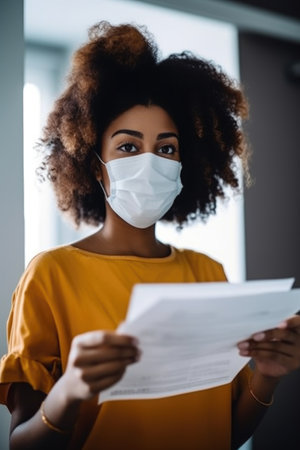 shot of a masked young woman holding up her paperwork during a home visit, created with generative aiの素材