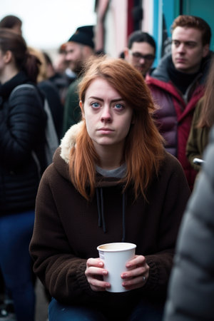 shot of a young woman drinking coffee while waiting in line at an eviction, created with generative aiの素材