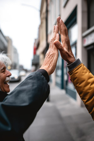 shot of two unrecognizable people high fiving outside, created with generative aiの素材