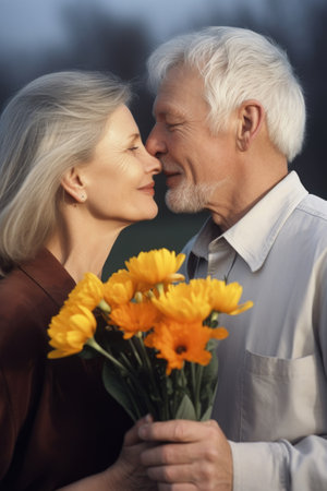 portrait of a woman giving her husband flowers, created with generative aiの素材
