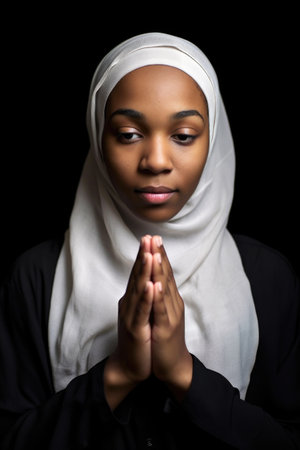 cropped shot of a young woman wearing a hijab standing with her hands folded, created with generative aiの素材