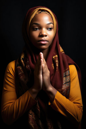 cropped shot of a young woman wearing a hijab standing with her hands folded, created with generative aiの素材