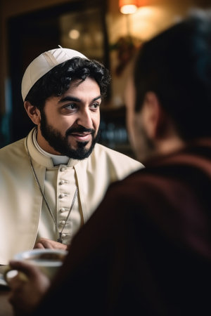 shot of a muslim man talking to his catholic friend and having coffee, created with generative aiの素材
