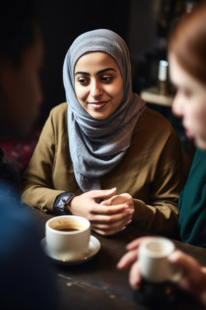 shot of a young muslim woman having coffee with her christian and jewish friends, created with generative aiの素材