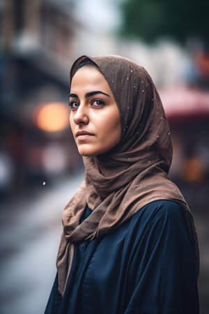 shot of a muslim woman standing in the city, created with generative aiの素材