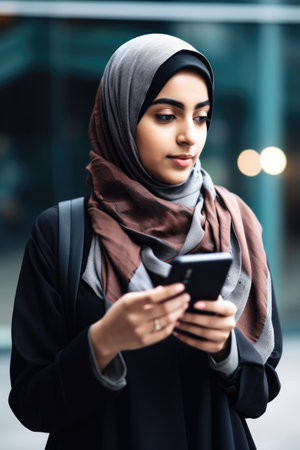 shot of a young muslim woman using her cellphone, created with generative aiの素材