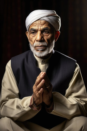 shot of a senior muslim man sitting indoors with his hands clasped together, created with generative aiの素材