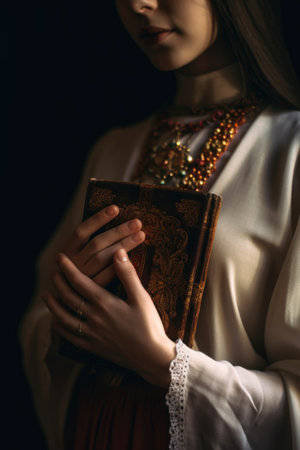 shot of an unrecognizable young woman holding a holy book, created with generative aiの素材