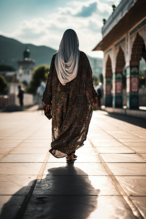cropped shot of a muslim woman walking towards the mosque, created with generative aiの素材