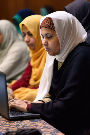 shot of a muslim woman using her laptop during a meeting at an interfaith event, created with generative aiの素材