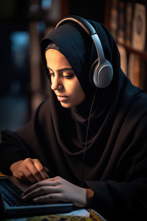 shot of a muslim woman using her laptop and headphones, created with generative aiの素材