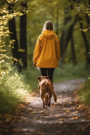 cropped shot of an unrecognizable woman walking her dog in nature, created with generative aiの素材
