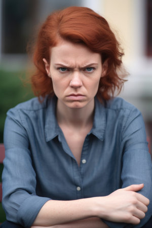 cropped portrait of a woman looking angry while sitting outside, created with generative aiの素材