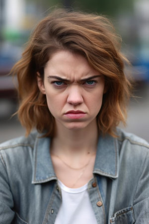 cropped portrait of a woman looking angry while sitting outside, created with generative aiの素材