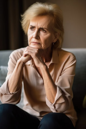 cropped shot of a mature woman looking upset while sitting in the living room at home, created with generative aiの素材