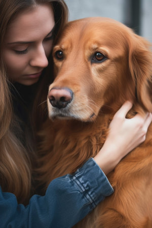 cropped shot of a woman being comforted by her emotional support dog, created with generative aiの素材