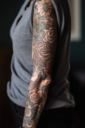 cropped shot of an unrecognizable woman holding her arm, which is covered in tattoos, created with generative aiの素材