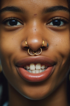 cropped shot of a woman with septum rings and a tongue stud, created with generative aiの素材