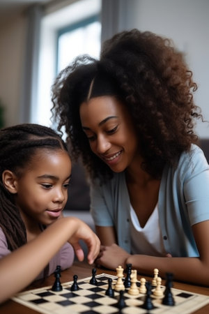 shot of a young woman and her daughter playing chess together at home, created with generative aiの素材