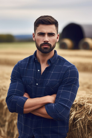shot of a handsome young man standing outside on his farm, created with generative aiの素材