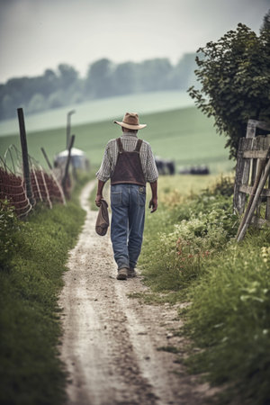 shot of a farmer walking around his farm, created with generative aiの素材
