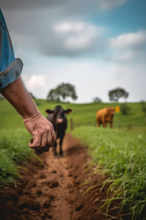 fist, agriculture male and nature farming outdoor in the countryside for ranch livestock, created with generative aiの素材