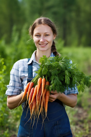 portrait of a happy young female farmer holding two bunches of carrots, created with generative aiの素材