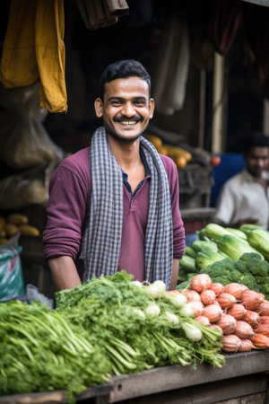 portrait of a smiling young farmer standing beside his vegetable stall at a market, created with generative aiの素材