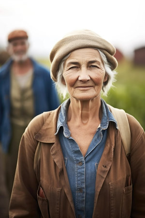 portrait of a female farmer standing on a farm with her colleagues in the background, created with generative aiの素材