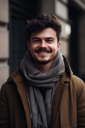 portrait of a happy young man standing outside, created with generative aiの素材