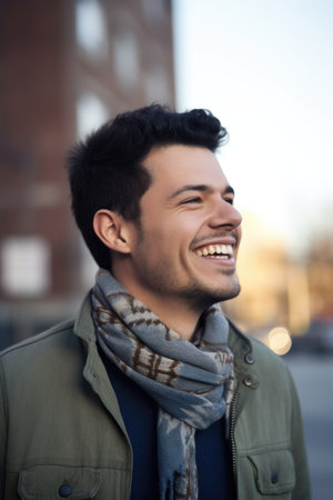 portrait of a happy young man standing outside, created with generative aiの素材